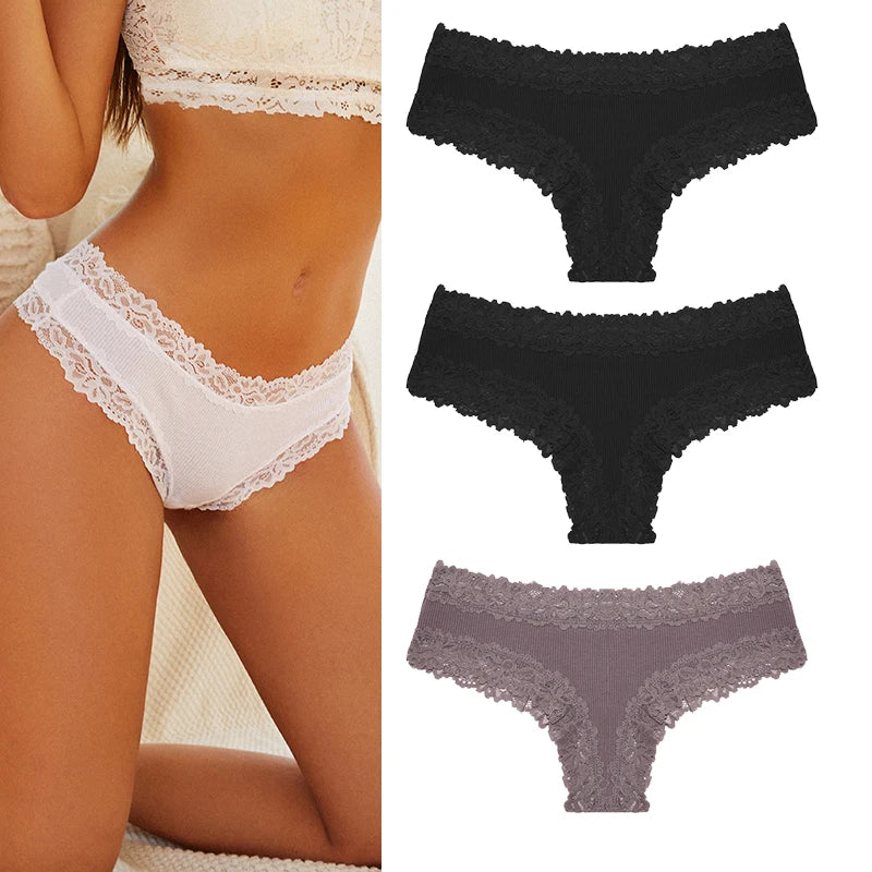 Women's Cotton Lace Briefs – 3-Piece Set | Soft Low-Rise Stretch Underwear (S–XL)