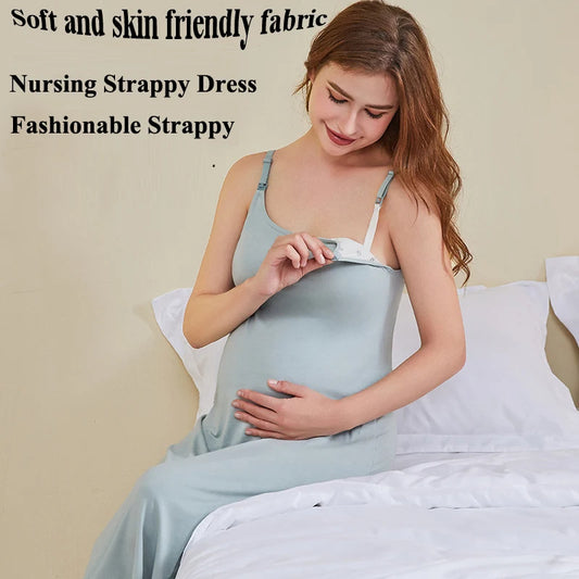 Maternity Nursing Tank Dress with Built-In Bra – Sleeveless Breastfeeding Nightdress