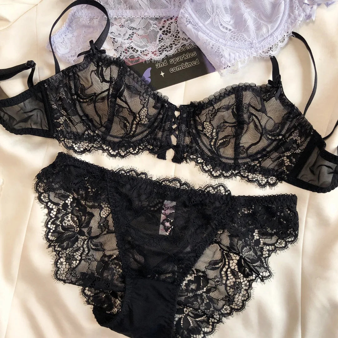 French Hollow Lace Embroidery Push-Up Bra & Panty Set – Ultra-Thin, Underwire | Women's Lingerie