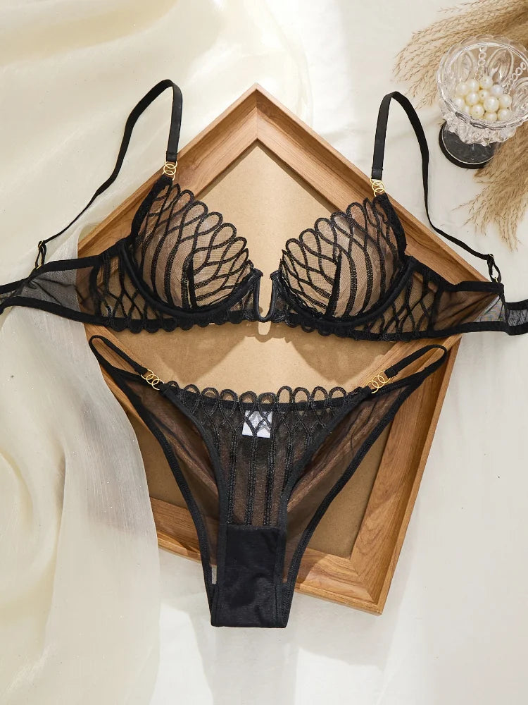 French Sheer Mesh Geometric Bra & Brief Set — V-Neck Plunge Gold Ring Detail | Women's Luxury Lingerie