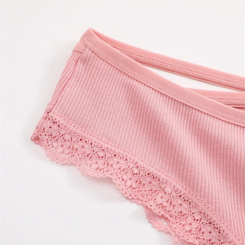 FINETOO 6PCS Women's Cotton Lace Underwear Sexy Crossed Belts Brazilian Panties Female Low Rise Breathable Briefs Soft Lingerie