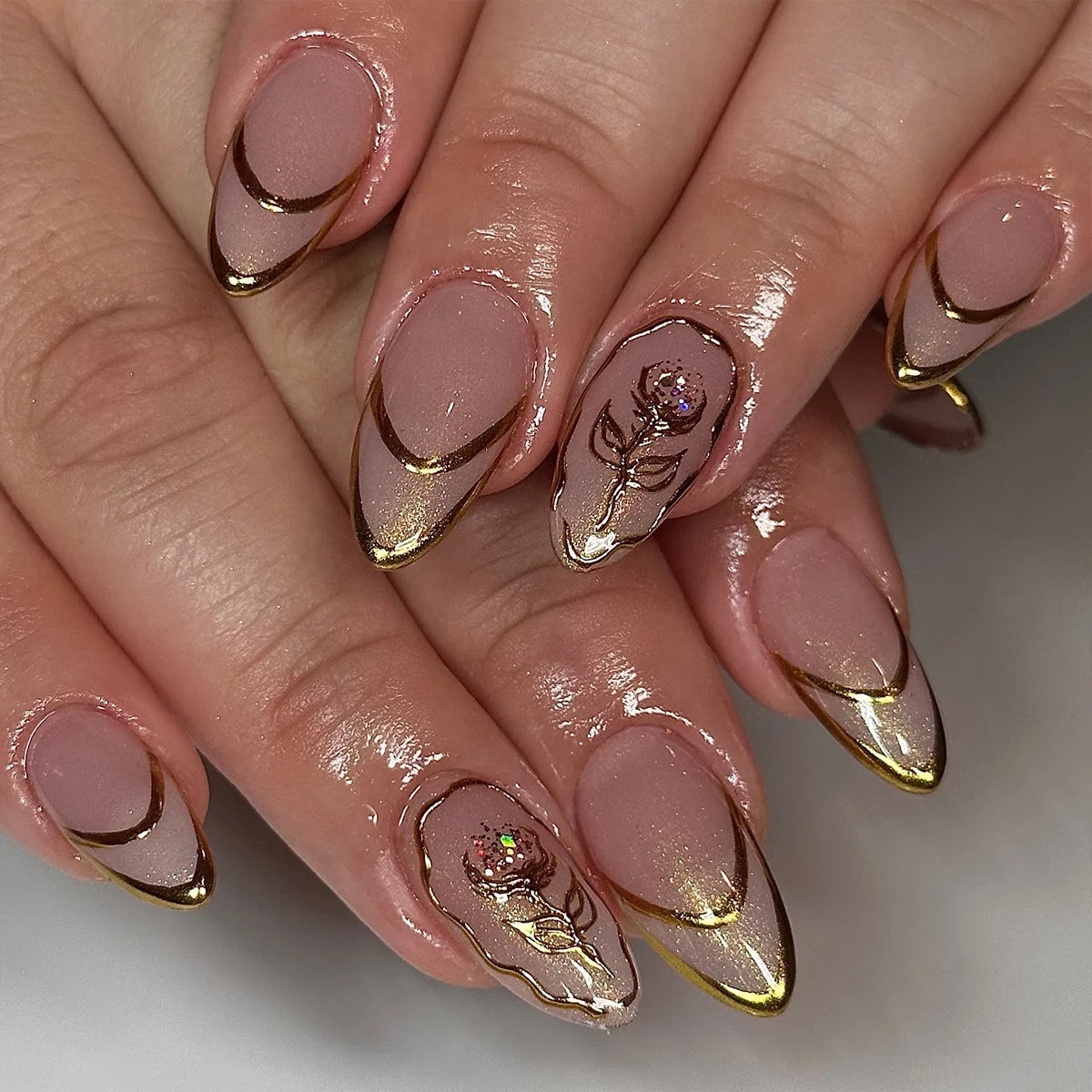 Pink Floral Press-On Nails – Almond Flower Designs, 24 Pieces