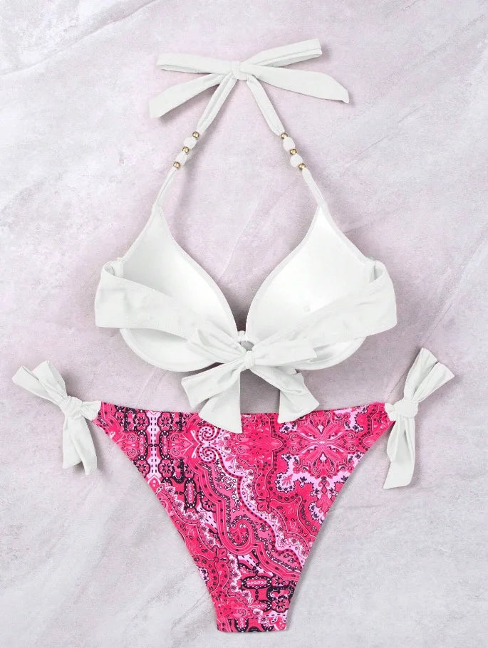 Push-Up Halter Bikini Set — Bow-Tie Top & Printed Side-Tie Bottoms | Women's Swimwear