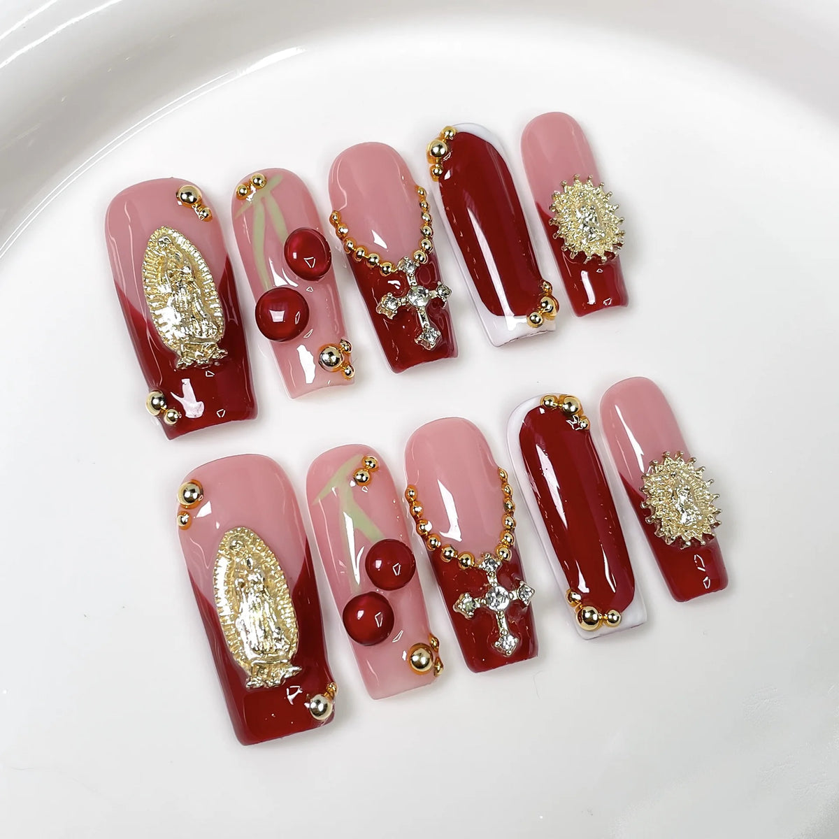 10Pcs 3D Green Flower Handmade Press on Nails French Fake Nails Wearable Stick-on Nails False Nail Uñas Накладные Ногти 네일팁