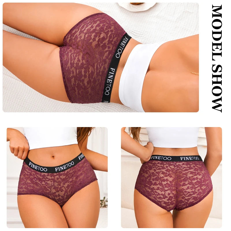 FINETOO 3Pcs Lace Hollow Out Boyshorts Underwear Women's Elastic Belt Panties Sexy Transparent Floral Briefs Breathable Lingerie