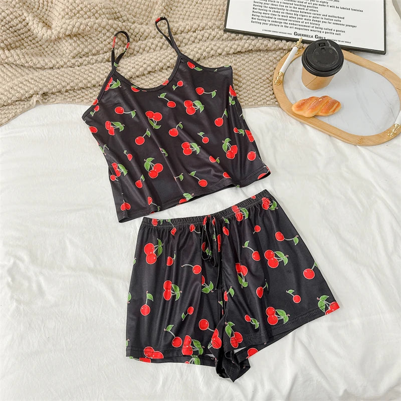 Cherry Print Ice Silk Pajama Set — Sleeveless Cami Top & Shorts