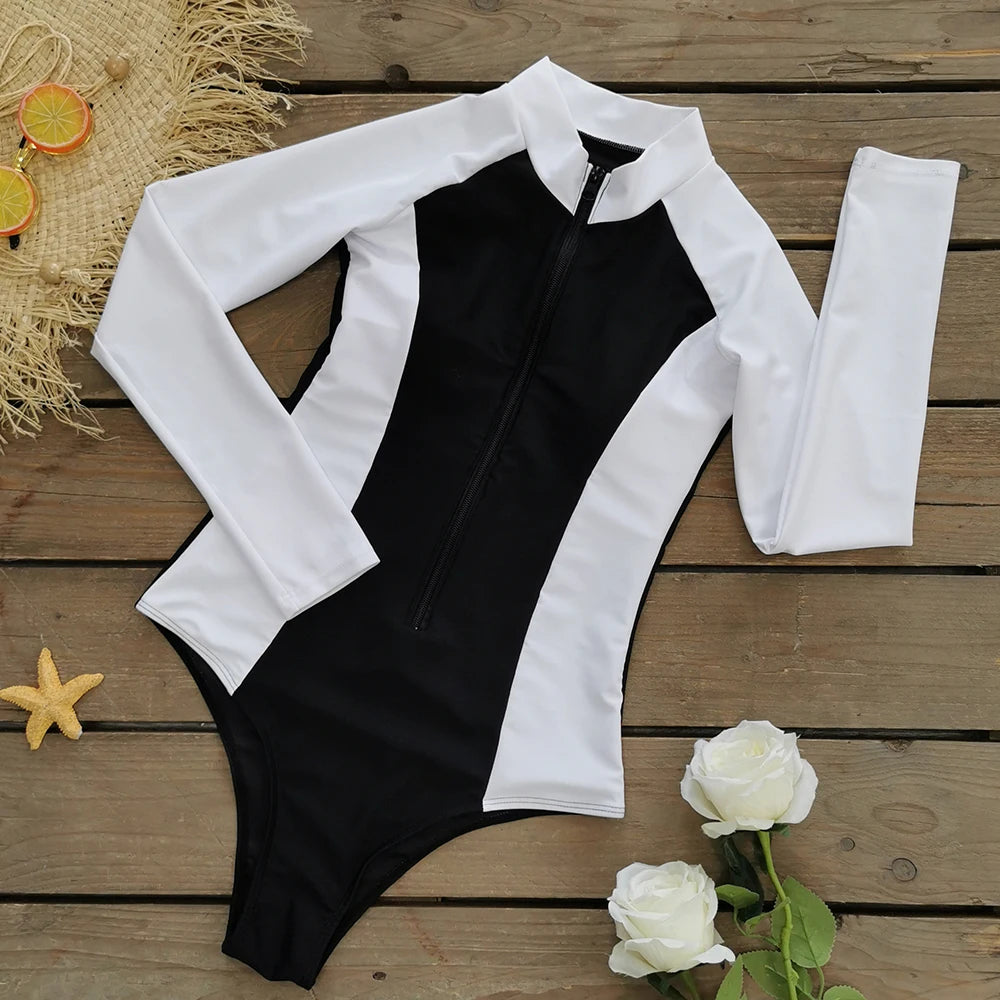 Color Block Surfing One-Piece Swimsuit — Long Sleeve Zipper | Women's Sport Swimwear
