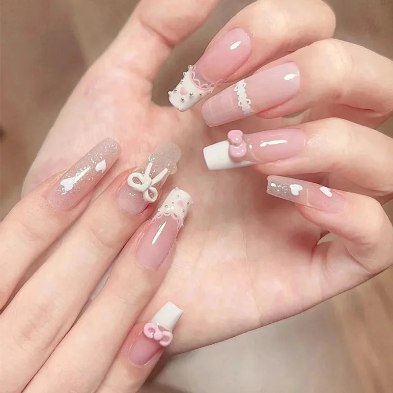 Short Press-On Nails - French Tip, Bow & Glitter Designs, 24 Pieces