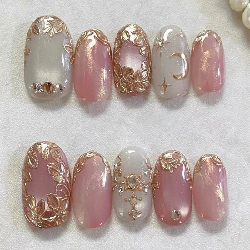 Almond Press-On Nails - 3D Floral, Butterfly & French Tip, 24 Pieces