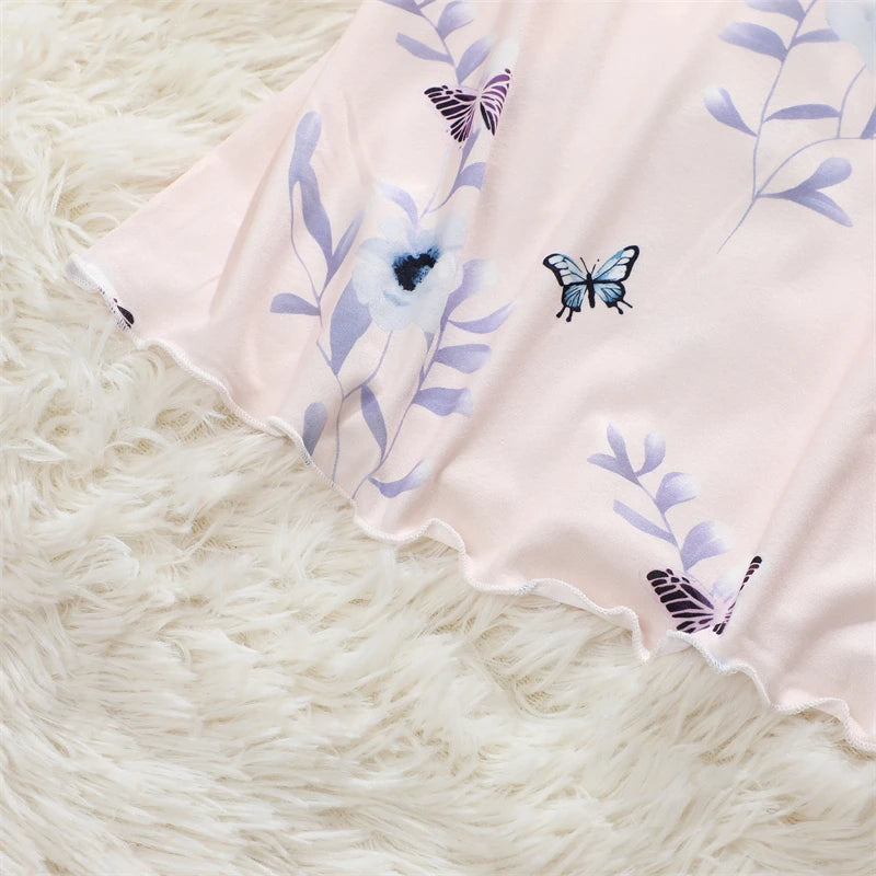 Butterfly Print Satin Sleep Dress — Spaghetti Strap Mini Nightgown