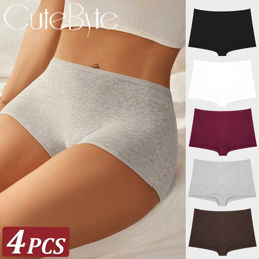 4-Pack Cotton Boyshort Panties – Seamless High-Rise Underwear for Women (XS–XL, 15 Color Sets)