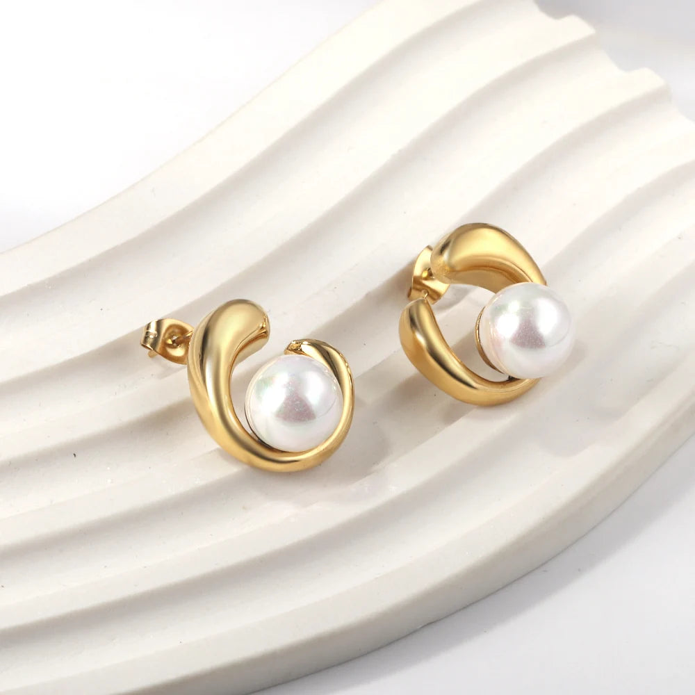 Large Geometric Stud Earrings – 18K Gold-Plated Stainless Steel Round Piercing Earrings for Women