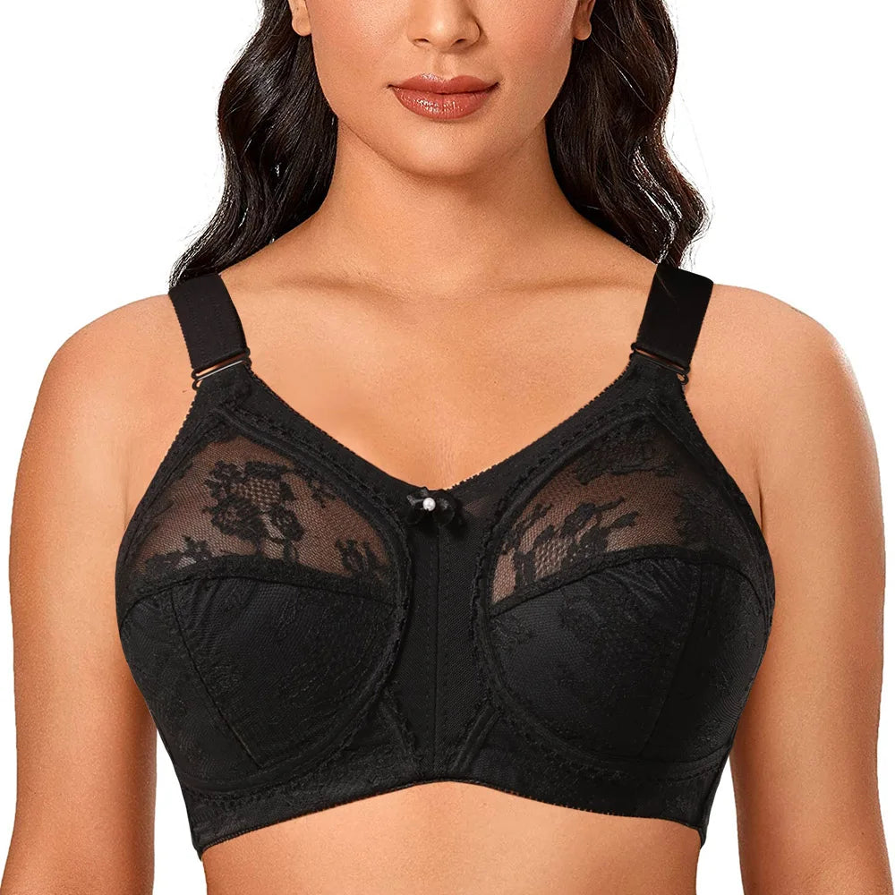 حمالة صدر دانتيل مقللة للمقاسات الكبيرة للنساء – حمالة صدر ناعمة كاملة الكوب بنقشة الزهور بدون أسلاك