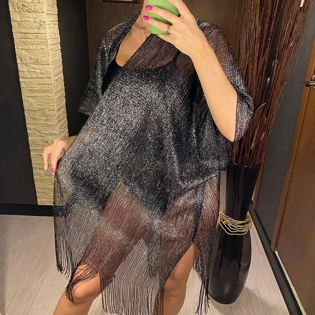 Metallic Tassel Trim Beach Cover-Up — Sheer Kimono | Women's Swimwear