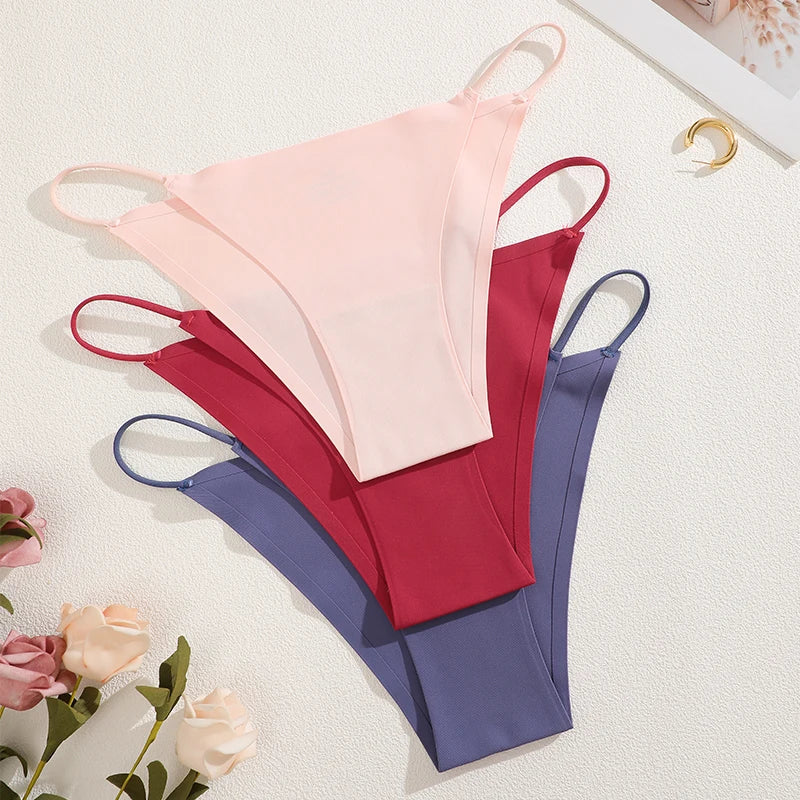FINETOO 3Pcs Seamless Ice Silk Underwear New Color Sexy Thin Strap Briefs Girls Low Waist Breathable Panties No Trace Lingerie