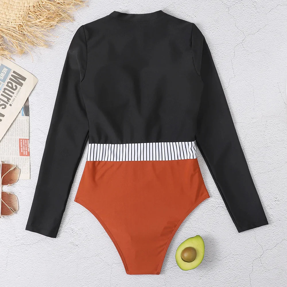 Color Block Surfing One-Piece Swimsuit — Long Sleeve Zipper | Women's Sport Swimwear