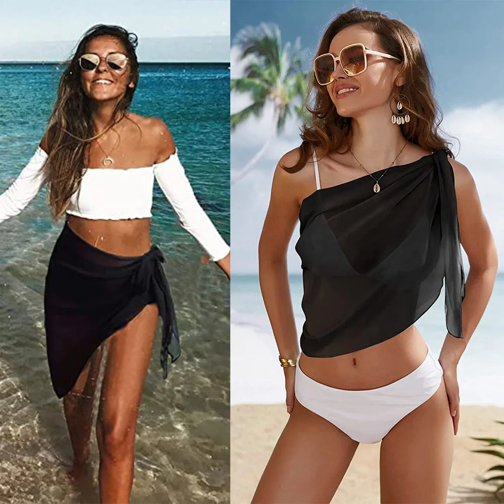 High-Waist Bikini Set with Mesh Sarong Skirt — Tummy Control | Women's Swimwear