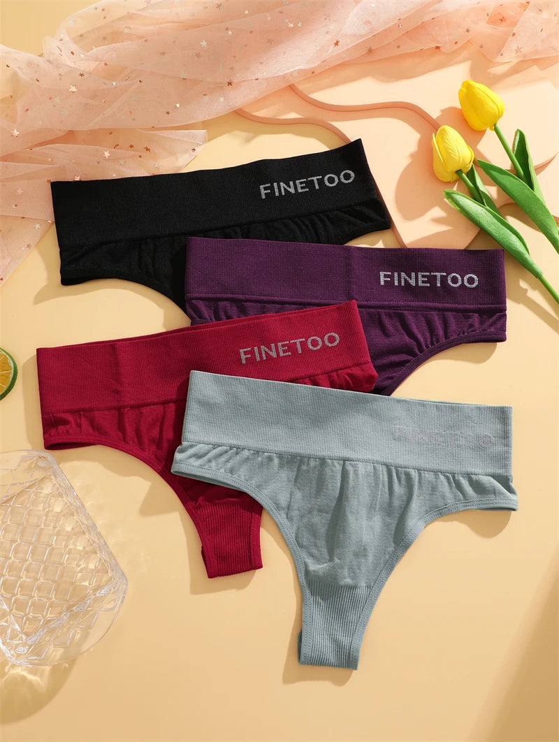 FINETOO 3pcs Women's Stretchy Panties Sexy High Waist Thongs Plus Size Underwear for Female Breathable Solid Soft Lingerie M-2XL