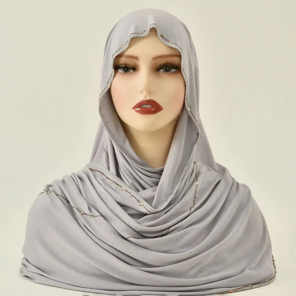 New Breathable Rhinestone Hijab Scarf Soft Glitter Shimmer Edge Headband Turban Solid Color Headscarf For Women