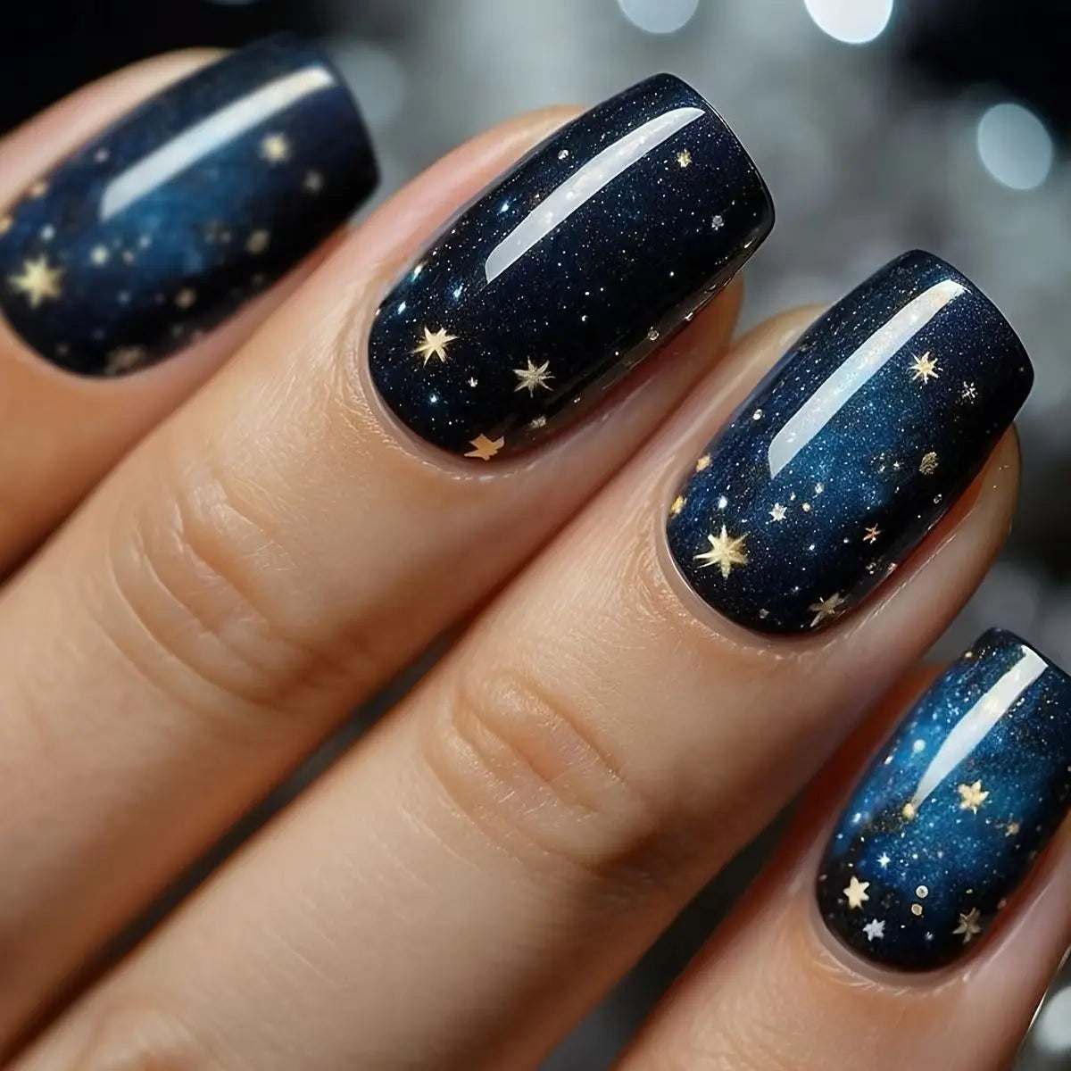 Short Coffin Press-On Nails – Stars & Moon, 24-Piece Set