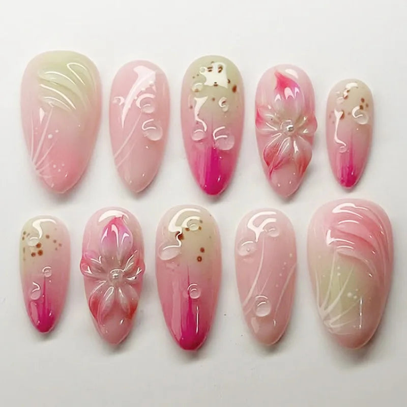 French Almond Press-On Nails – Leopard Print & 3D Bow Designs, 24 Pieces