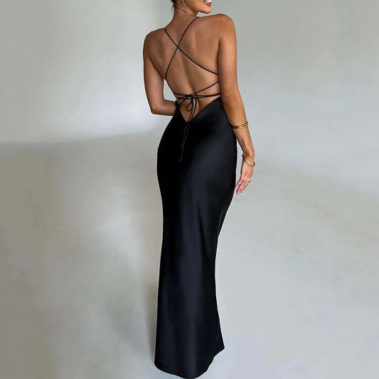 Satin Mermaid Maxi Dress – V-Neck Backless Slim Bodycon
