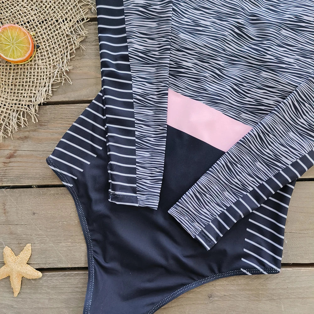Color Block Surfing One-Piece Swimsuit — Long Sleeve Zipper | Women's Sport Swimwear