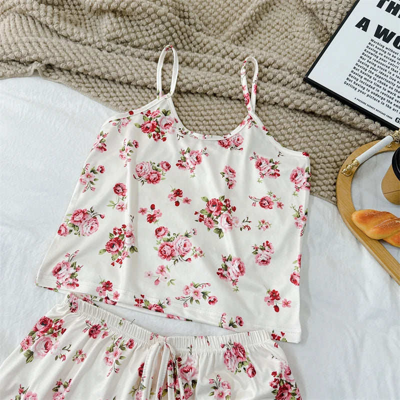 Cherry Print Ice Silk Pajama Set — Sleeveless Cami Top & Shorts