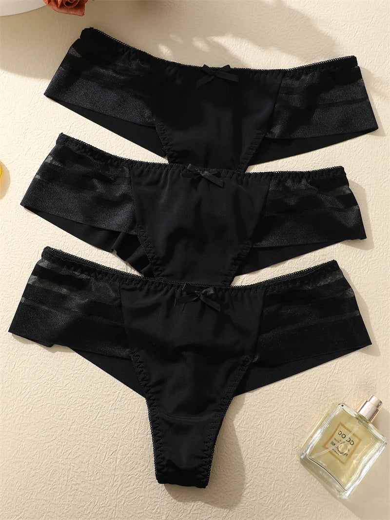 3-Pack Lace Hollow-Out Bow Thongs — Silky Low-Rise G-String Panties