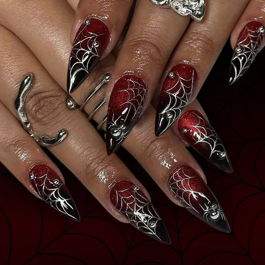 Halloween Press-On Nails – Red & Black Stripe and Silver Rivet Designs, 24 Pieces
