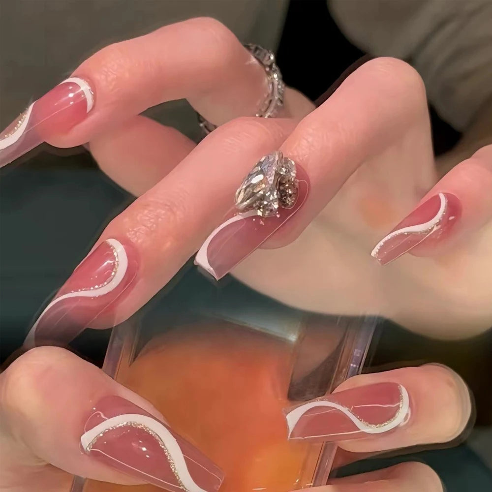 Short Press-On Nails - French Tip, Bow & Glitter Designs, 24 Pieces