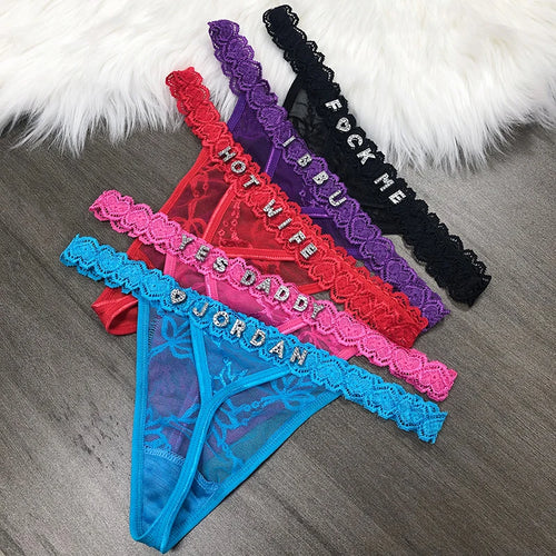 Custom Name Crystal Letter Lace Thong — Personalized G-String Gift for Her