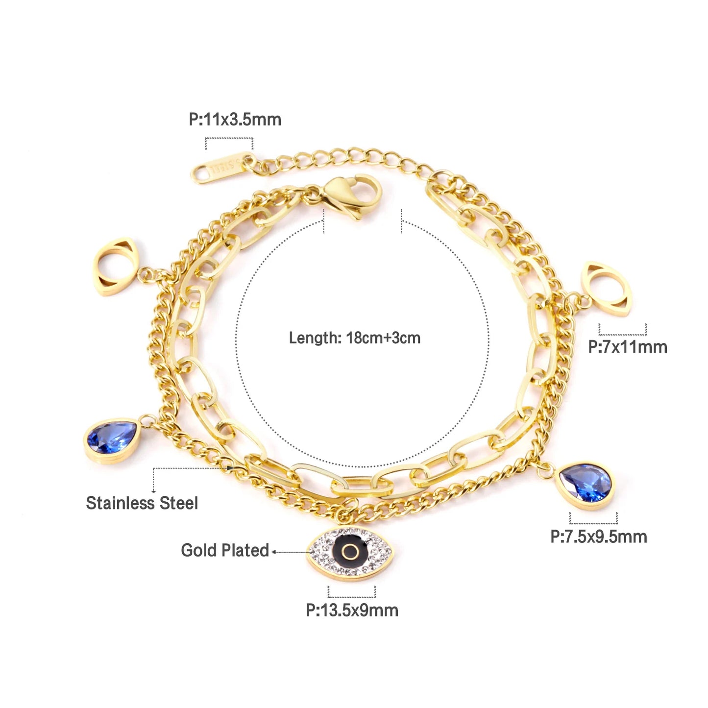 Evil Eye Bracelet – 18K Gold-Plated Stainless Steel Boho Charm Bracelet for Women