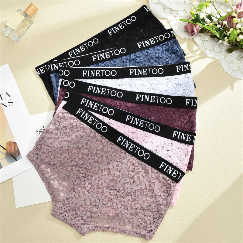 FINETOO 3Pcs Lace Hollow Out Boyshorts Underwear Women's Elastic Belt Panties Sexy Transparent Floral Briefs Breathable Lingerie