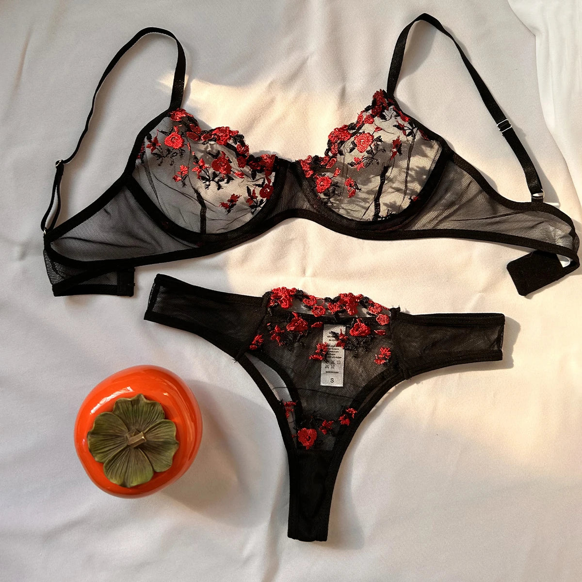 Embroidered Lace Triangle Bra & Thong Set — Wire-Free Bow Detail | Women's Sexy Lingerie