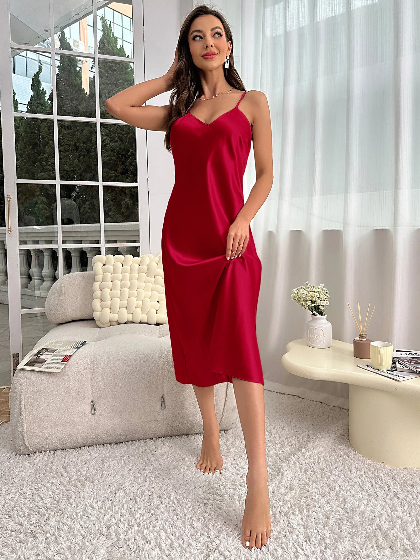 Spaghetti Strap V-Neck Nightdress — Mid-Calf Slip Nightgown | Women's Sleepwear