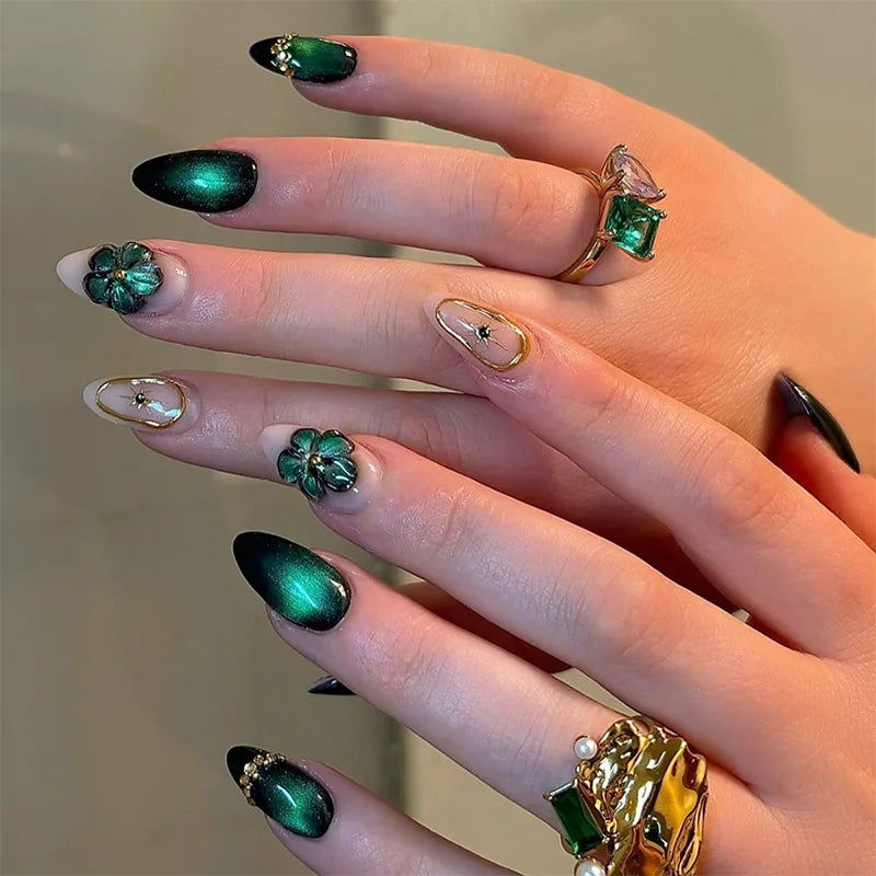 Medium Almond Cat Eye Press-On Nails - Glitter & Gold-Tone Designs, 24 Pieces