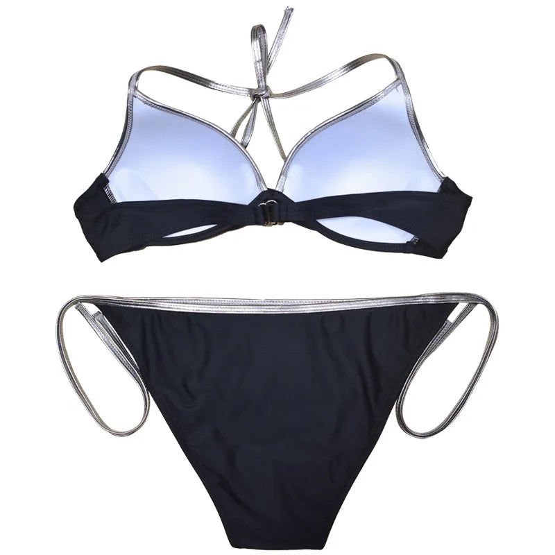 Neon Trim Twist Bikini Set — V-Neck Top & Side-Tie Low Waist Bottoms | Women's Swimwear