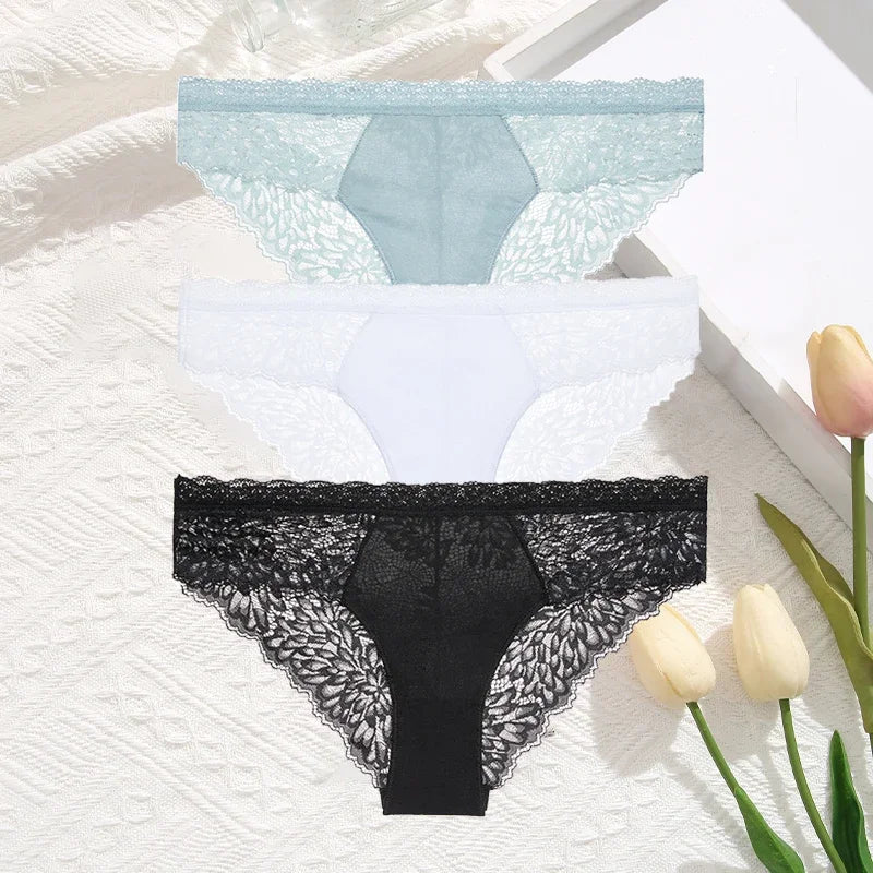 3-Pack Seamless Lace Hollow-Out Brief Panties – Soft Breathable Low-Rise Underwear for Women (S–XL, 20 Color Sets)