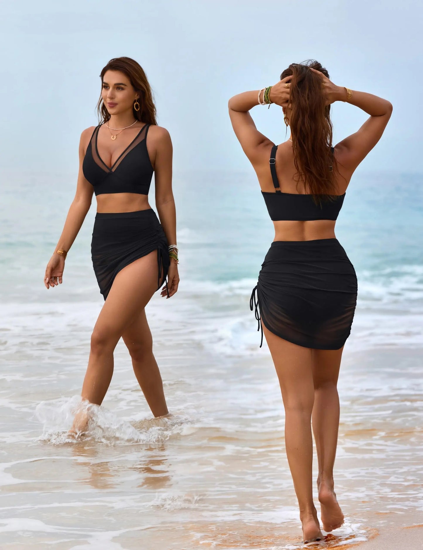 High-Waist Bikini Set with Mesh Sarong Skirt — Tummy Control | Women's Swimwear