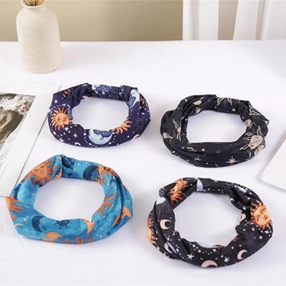 4 Pcs Wide Headbands for Women Non Slip Knotted Headhand Bandana Star Moon Head Bands Hair Wrap Yoga Workout Hair Accessories