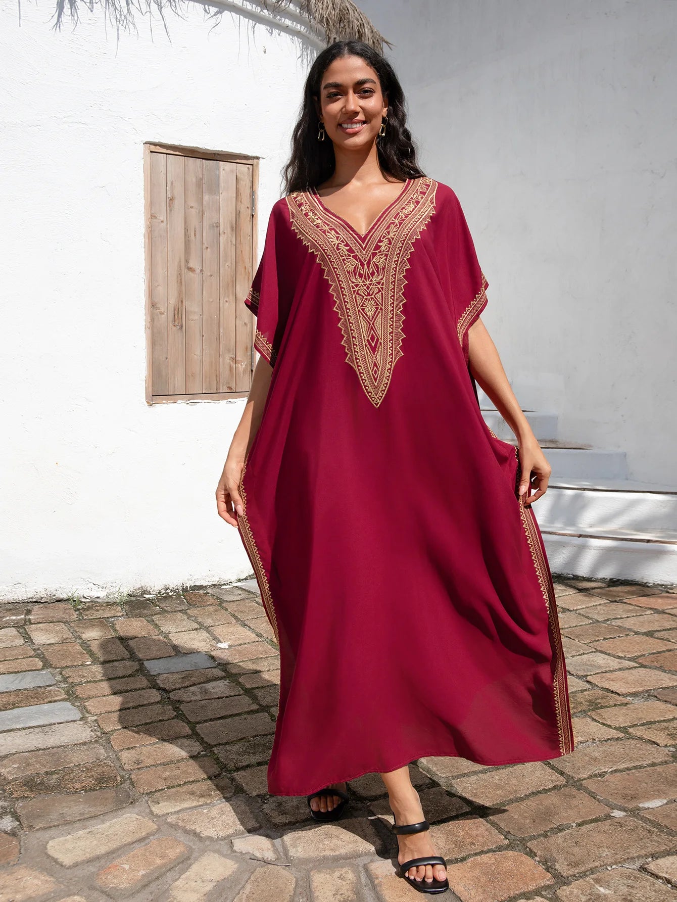 Embroidery Beach Cover-Up Kaftan — Loose V-Neck Long Robe | Women's Swimsuit Cover-Up