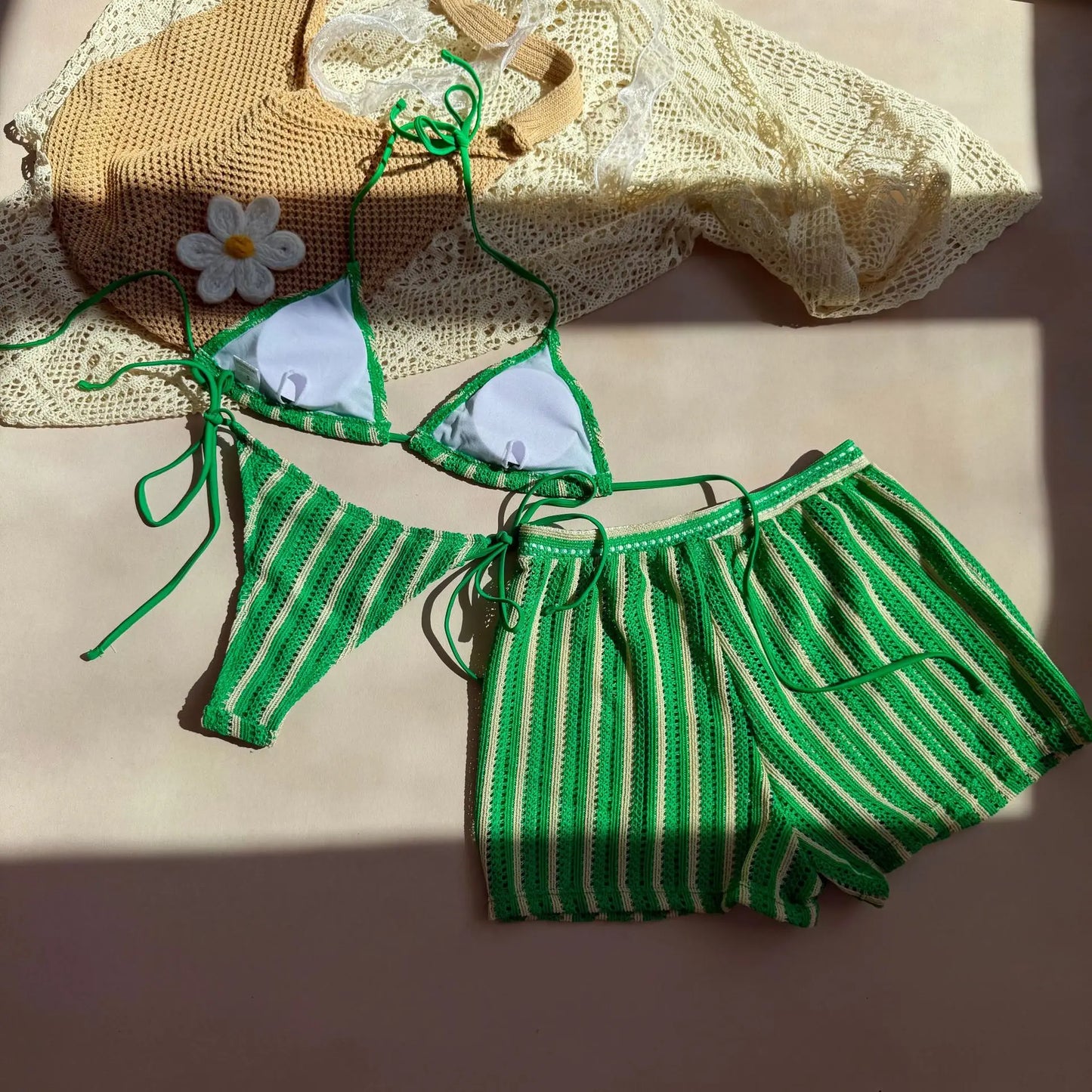 Striped Halter Triangle Bikini Set — 3-Piece with Mini Skirt Cover-Up | Women's Swimwear
