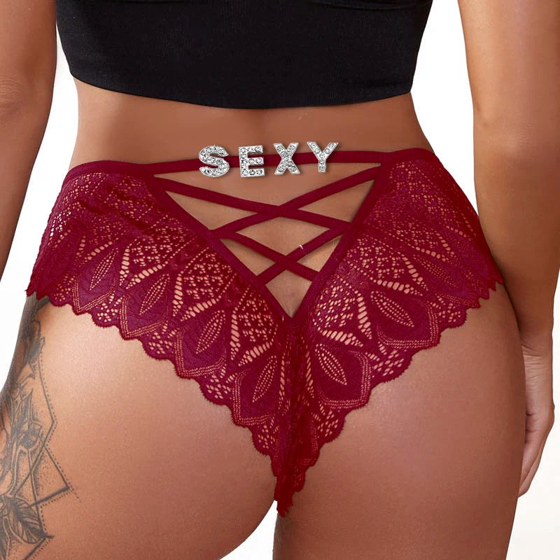 Personalized Crystal Letter Thong | Cross Bandage Hollow-Out Lace G-String | Custom Name Gift