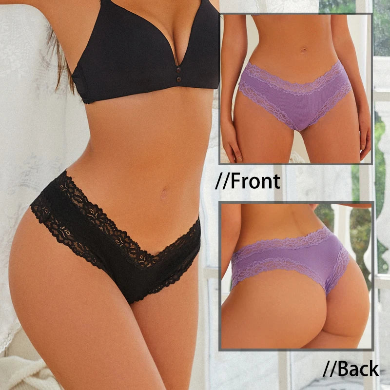 Lace Splicing Brazilian Bikini Panties – Cotton Crotch Low-Rise Underwear for Women (S–XL, 6 Colors)