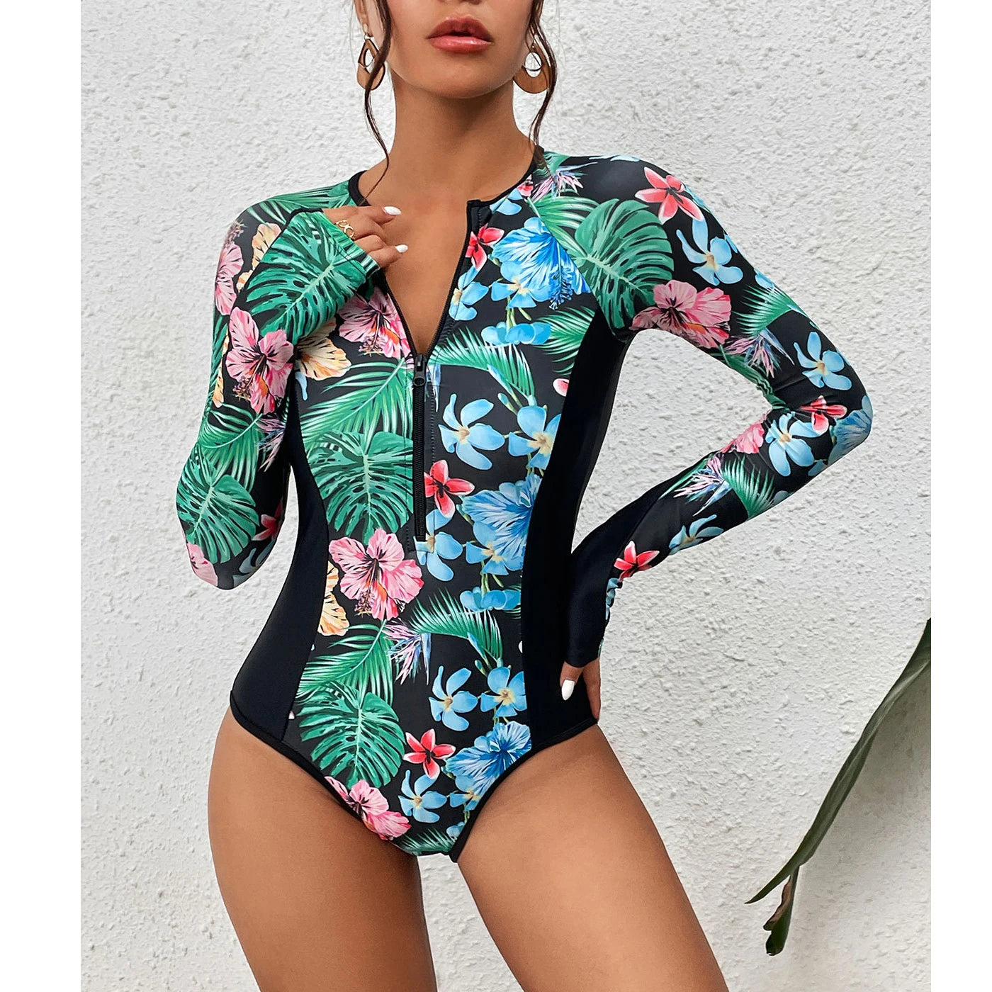 Color Block Surfing One-Piece Swimsuit — Long Sleeve Zipper | Women's Sport Swimwear