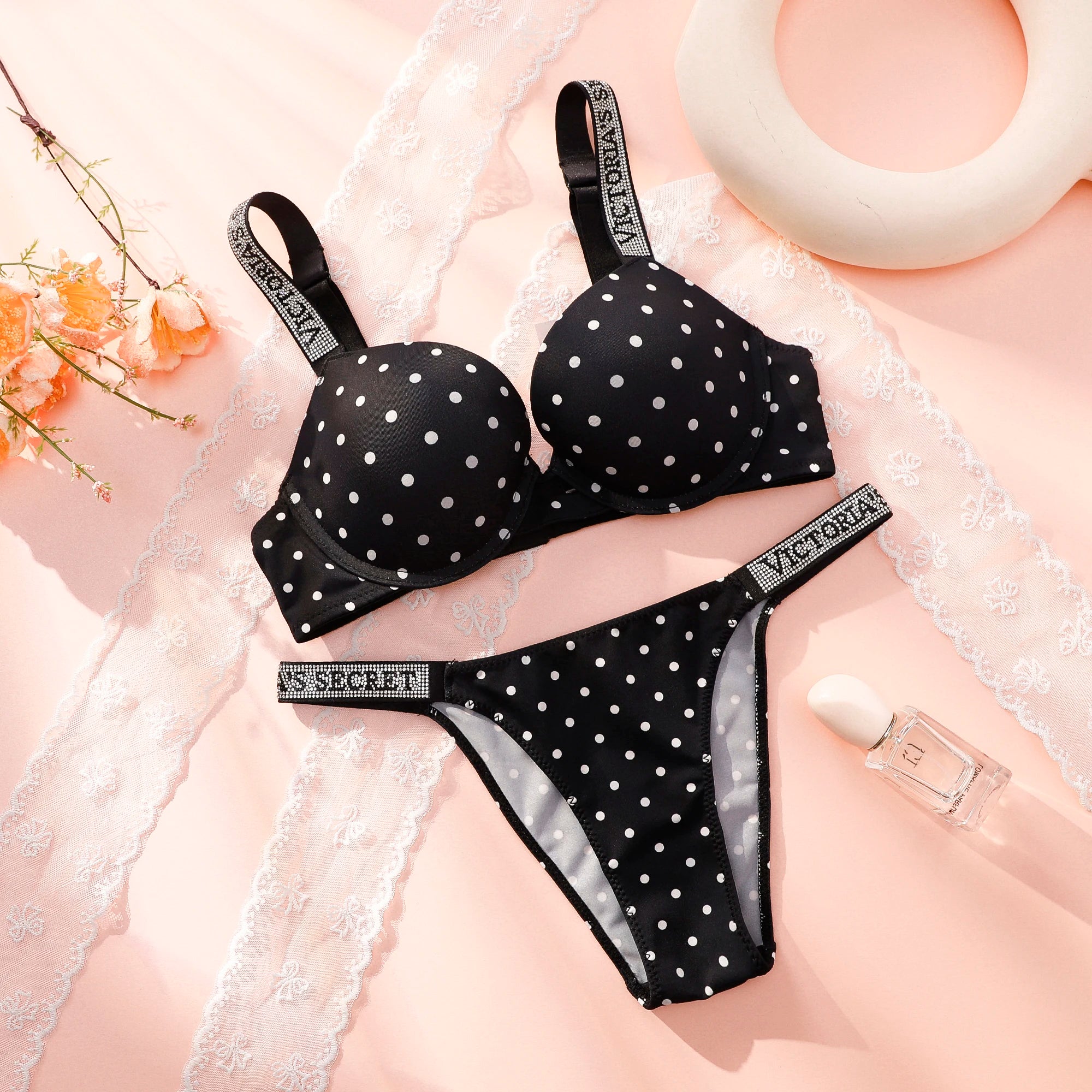 Women's Polka Dot Lace Push-Up Bra & Panty Set – Seamless Underwire Lingerie