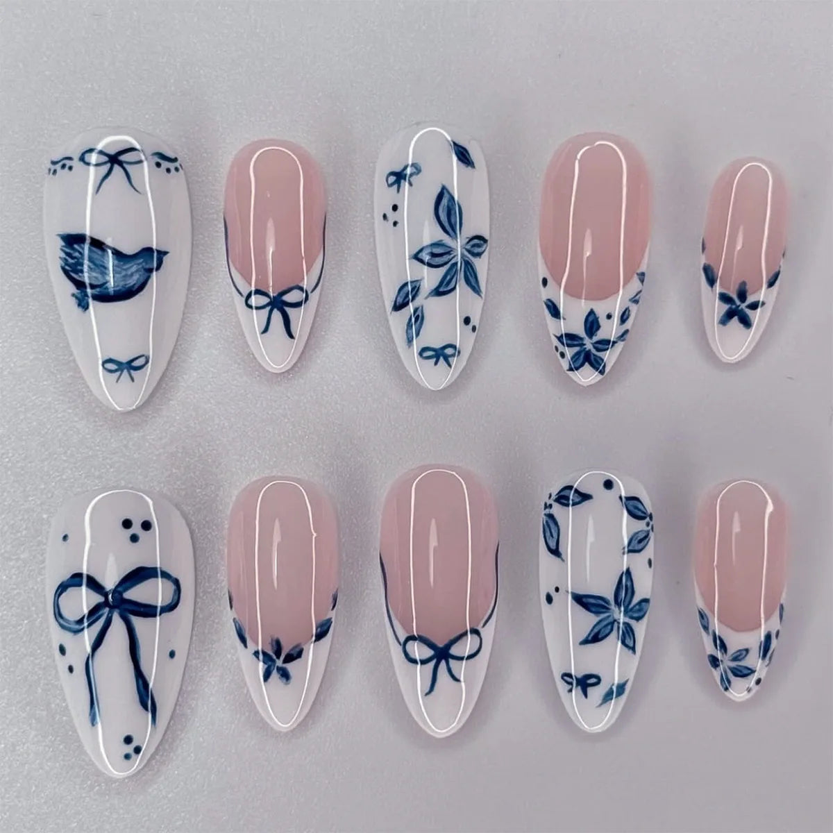 Pink Floral Press-On Nails – Almond Flower Designs, 24 Pieces