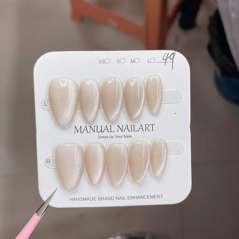 Cat Eye Almond Press-On Nails - 10-Piece Handmade Set