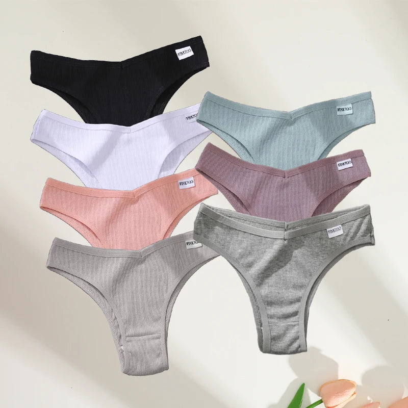 FINETOO 7Pcs Cotton Striped Brazilian Panties Women's Underwear Low-Waist Breathable Briefs Female Low-Rise T-Back Lingerie M-XL